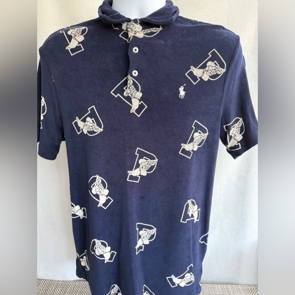 Ralph Lauren Navy Terry Polo with White Allover 'P' & Wing Motif
